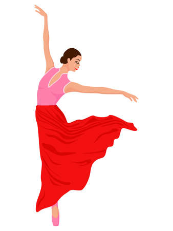 Charming ballerina in dress on pink and red hues, hand drawing vector, isolated on the white backgroundのイラスト素材