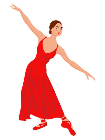 Beautiful lady dancer in a long red dress, hand drawing vector, isolated on the white backgroundのイラスト素材