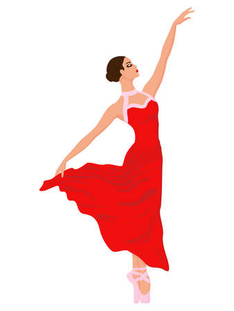 Adorable ballerina in a red long dress, hand drawing vector, isolated on the white backgroundのイラスト素材