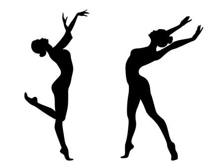 Abstract black stencil silhouettes of slender charming women dancer in move, hand drawing vector illustrationのイラスト素材