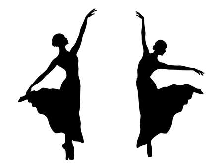 Abstract attractive slender ladies dancer in long dress, black stencil silhouettes, hand drawing vector illustrationのイラスト素材