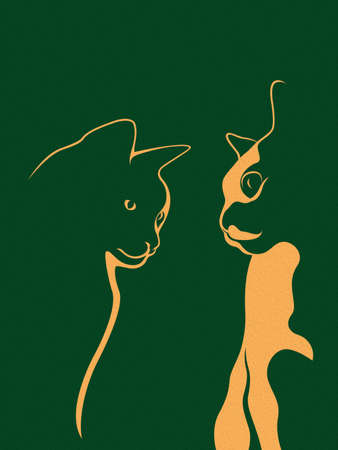 Abstract outline of two cats, beige stencil on the dark green backgroundの写真素材