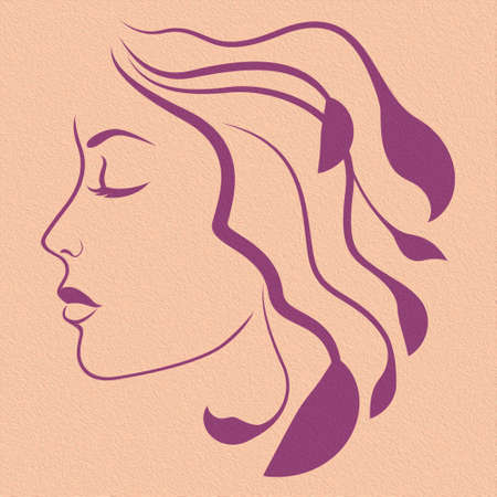 Abstract face of beautiful and charming woman with stylized floral hair, side view, colorful illustrationの写真素材