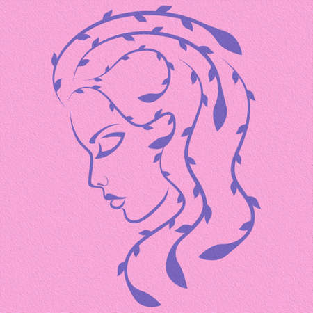 Charming and attractive woman with stylized floral hair and sensual face, violet on the pink backgroundの写真素材