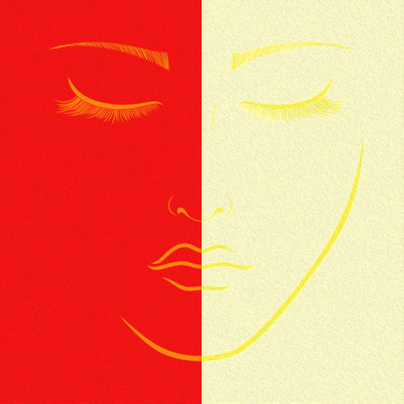 Abstract of charming woman's face with closed eyes split in negative and positive space, colorful hand drawing illustrationの写真素材