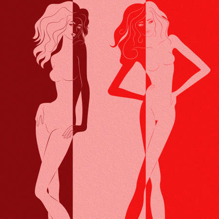 Two attractive women with luxury hair split in Negative Positive space, colorful conceptual expressionの写真素材