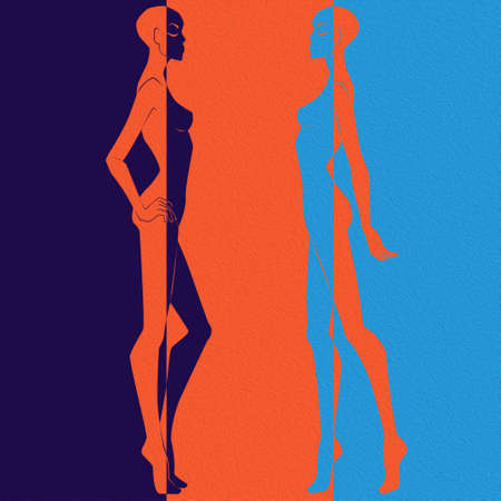 Abstract of two elegant female bodies split in negative and positive space, colorful conceptual expressionの写真素材