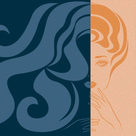 Abstract attractive woman with long hair split in Negative Positive space, colorful conceptual expressionの写真素材