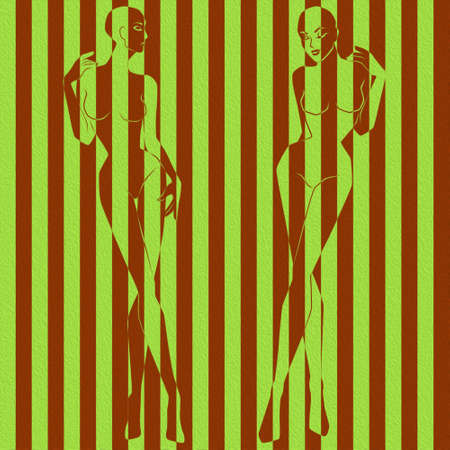 Two elegant women in illustration divided into wide colorful stripes, pseudo 3D visual effect, negative and positive conceptual expressionの写真素材