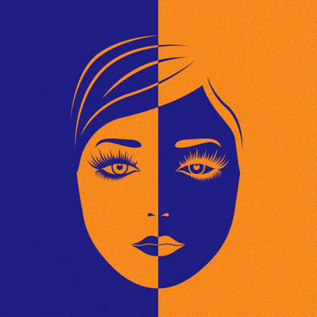 Abstract beautiful woman's face split in negative and positive space, colorful conceptual expression, hand drawing illustrationの写真素材