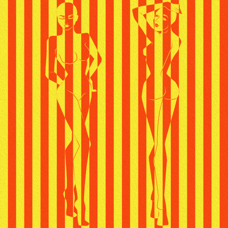 Abstract of two charming women on illustration divided into colorful wide stripes, pseudo 3D visual effect, negative and positive conceptual expressionの写真素材