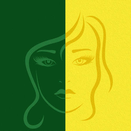 Abstract beautiful female face split in Negative Positive space, colorful drawing illustrationの写真素材