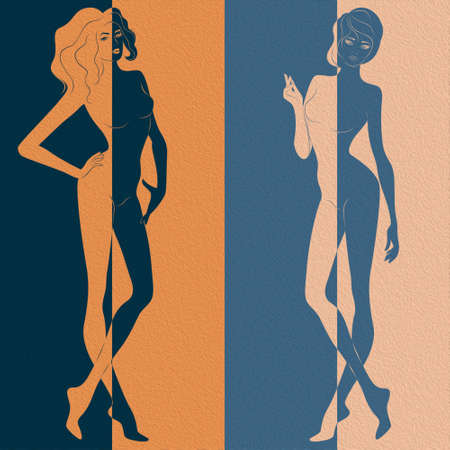 Abstract of two attractive women split in negative and positive space, colorful conceptual expressionの写真素材