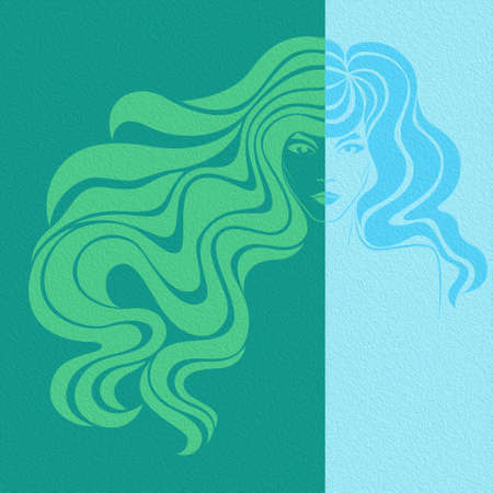 Abstract of beautiful woman's face in negative and positive space, hand drawing illustration, colorful conceptual expressionの写真素材