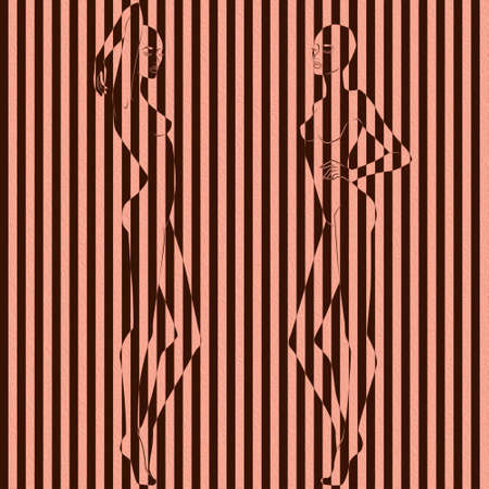 Abstract of two charming women in illustration divided into colorful stripes, pseudo 3D visual effect, negative and positive conceptual expressionの写真素材