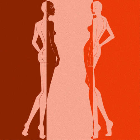 Abstract of two elegant woman split in negative and positive space, colorful conceptual expressionの写真素材