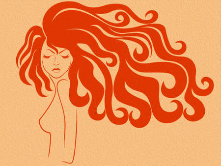 Charming lady with luxuriant wavy beautiful hair and closed eyes, illustration isolated on the muted orange backgroundの写真素材