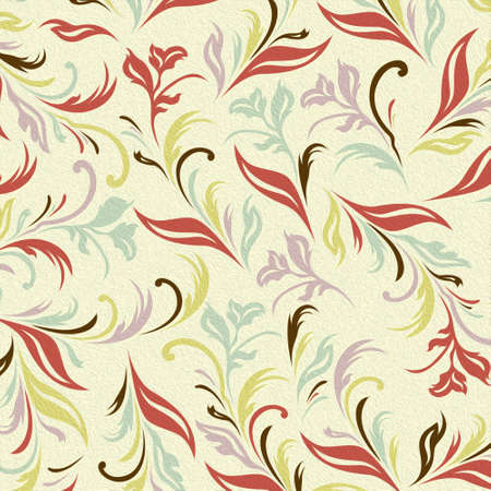 Decorative floral pattern with delicate plants of pink, green, blue and khaki colors on the pale yellow backgroundの写真素材