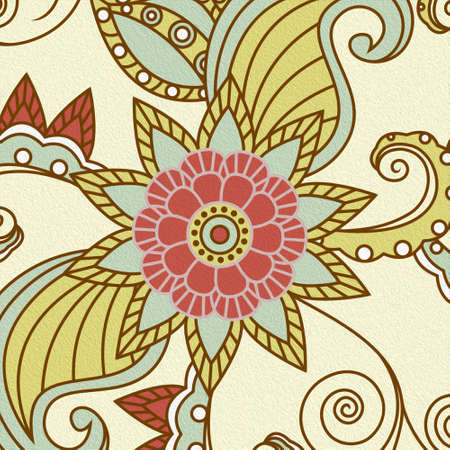 Decorative floral pattern with delicate plants of pink, green, blue and khaki colors on the pale yellow backgroundの写真素材