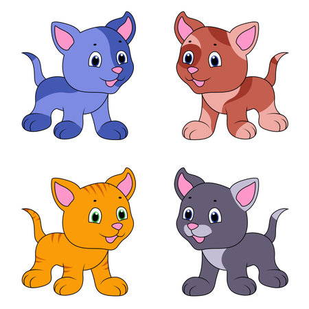 Four funny different cartoon cats isolated on white background, color image of petsのイラスト素材