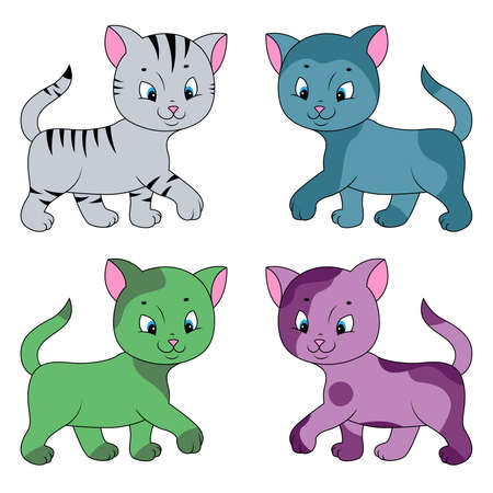 Four amusing different cartoon cats isolated on white background, color image of petsのイラスト素材