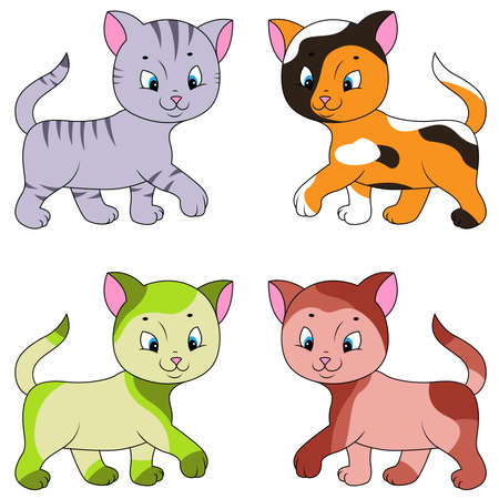 Four different cartoon cats isolated on white background, color image of petsのイラスト素材