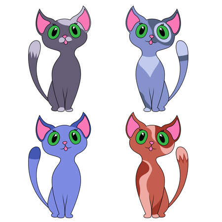 Four amusing different cartoon cats isolated on white background, color image of petsのイラスト素材