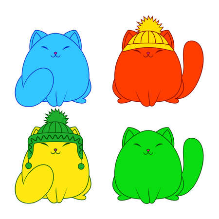 Four different cartoon cats in bright colors isolated on white background, color image of petsのイラスト素材