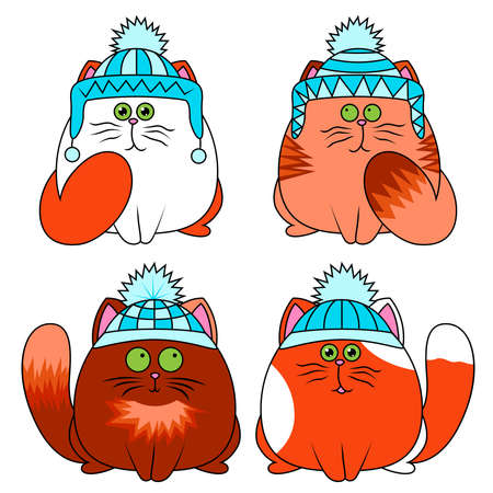 Four amusing different cartoon cats in winter hat isolated on white background, color image of petsのイラスト素材