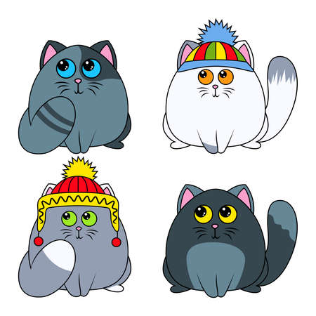 Four funny different cartoon cats in winter hat isolated on white background, color image of petsのイラスト素材
