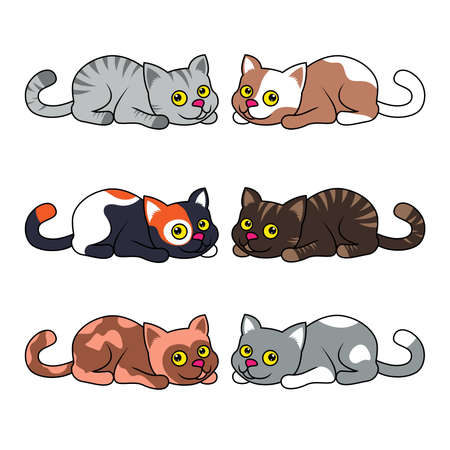 Six funny different cartoon cats isolated on white background, color image of petsのイラスト素材