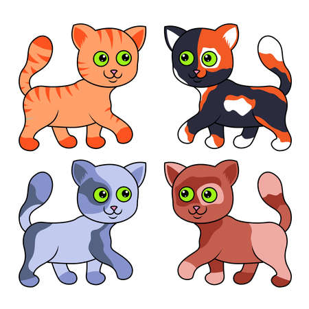 Four amusing cartoon cats isolated on white background, color image of petsのイラスト素材