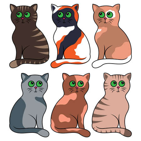 Six different cartoon cats isolated on white background, color image of petsのイラスト素材