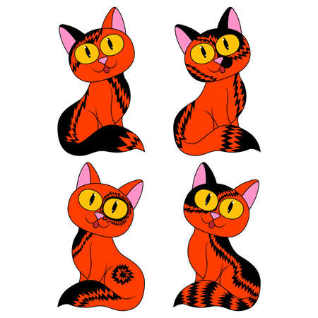 Four different cartoon cats for Halloween in black and orange colors isolated on white background, image of petsのイラスト素材