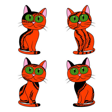Four amusing cartoon cats for Halloween isolated on white background, black and orange image of petsのイラスト素材