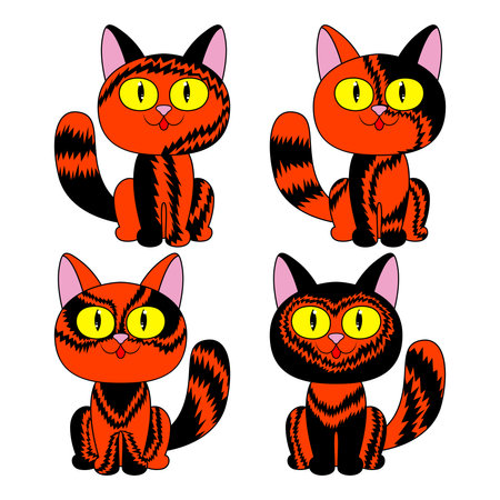 Four amusing cartoon cats for Halloween in black and orange isolated on white background, image of petsのイラスト素材