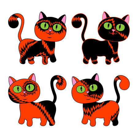 Four funny different cartoon cats for Halloween in black and orange isolated on white backgroundのイラスト素材