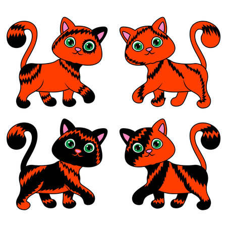 Four funny different cartoon cats for Halloween in black and orange isolated on white backgroundのイラスト素材