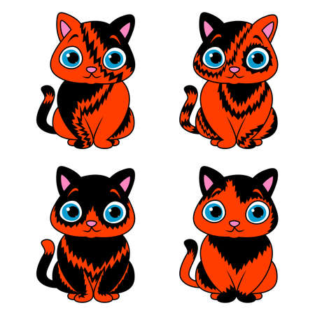 Four amusing cartoon cats for Halloween in black and orange isolated on white background, image of petsのイラスト素材