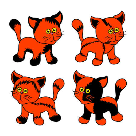 Four amusing cartoon cats for Halloween isolated on white background, black and orange image of petsのイラスト素材