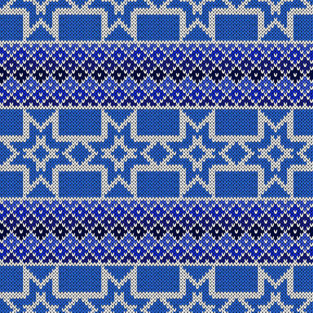 Seamless knitting contrast ornate in blue and white colors, vector pattern as a fabric textureのイラスト素材