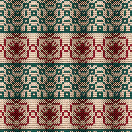 Ornamental knitting seamless vector pattern in green, red and beige colors as a fabric textureのイラスト素材