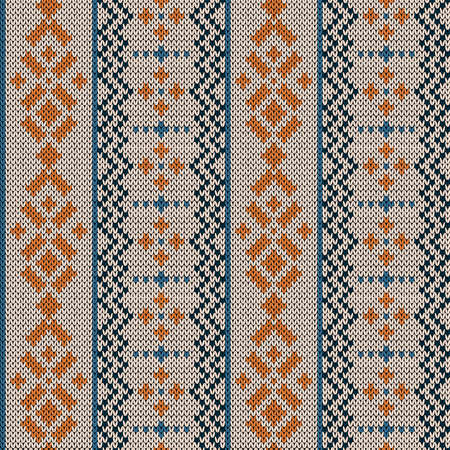 Seamless knitted vector pattern as a fabric texture in blue, orange and beige huesのイラスト素材