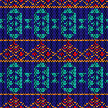 Geometrical ornate seamless knitted vector pattern as a fabric texture in turquoise, blue, red and orange colorsのイラスト素材