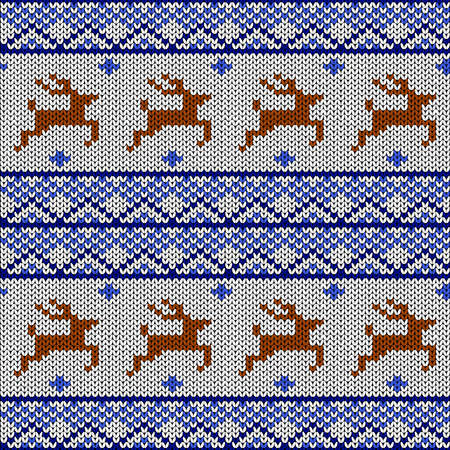Seamless knitting ornate in blue and white colors with deer, vector pattern as a fabric textureのイラスト素材