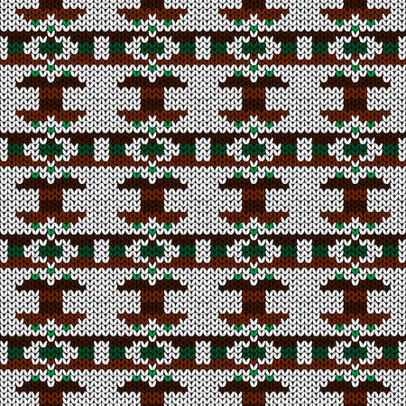 Ornamental knitting seamless vector pattern in white, brown and green colors as a fabric textureのイラスト素材