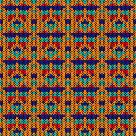 Ornamental knitting seamless vector pattern in turquoise, red, blue and orange colors as a fabric textureのイラスト素材