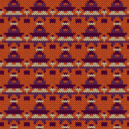 Seamless knitting contrast ornate in beige, orange and magenta colors, vector pattern as a fabric textureのイラスト素材