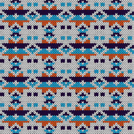 Seamless knitting pattern in blue, orange and white colors, vector pattern as a fabric textureのイラスト素材