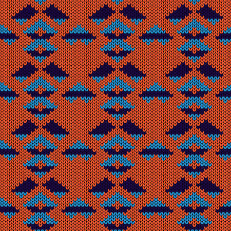 Ornate knitting seamless vector pattern in orange and blue hues as a fabric textureのイラスト素材